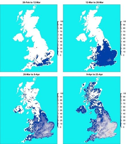 Figure 1: Example of the outputs from the model showing the percentage of days between 1993 and 2016 that were suitable for transmission.